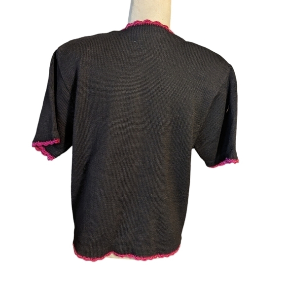Vtg. Pink flamingos flowers beaded/sequined Black knit short sleeve cardigan XL - Picture 7 of 12